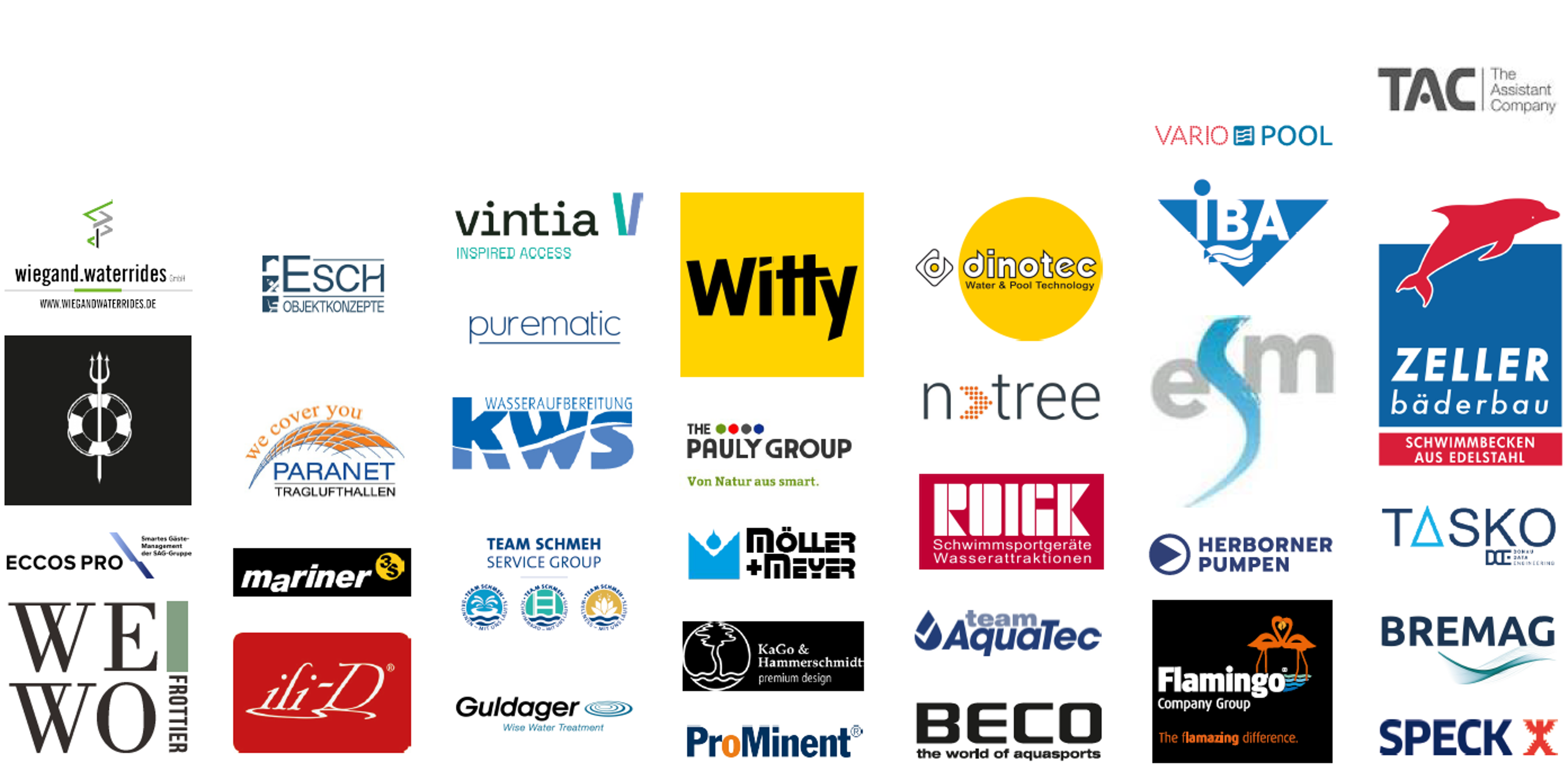 &Uuml;bersicht Logos der Partner des B&auml;der-Kompetenztreffens 2026: AquaTec J&uuml;nger GmbH, KWS Technische Dienstleistungen e.K., BREMAG I Bremer Anlagen GmbH, SPECK Pumpen Verkaufsgesellschaft GmbH, ESCH-Objektkonzepte, A. Schmeh  GmbH & Co. KG, Zeller B&auml;derbau GmbH, Guldager (Schweiz) GmbH, Witty GmbH & Co. KG, Roigk GmbH, Donau Data Engineering GmbH, dinotec GmbH, BECO Beermann GmbH & Co. KG, Ingenieurb&uuml;ro M&ouml;ller + Meyer Gotha GmbH, ProMinent Deutschland GmbH, Vintia GmbH, Herborner Pumpen GmbH & Co. KG, KaGo & Hammerschmidt GmbH, IBA TechnikCenter, n tree, TAC Informationstechnologie GmbH, Mariner 3S, wewofashion, Wiegand Waterrides GmbH, Purematic, , Poseidon B&auml;derdienst GmbH, THE PAULY GROUP GmbH & Co. KG, eccos pro GmbH, FWT GmbH, Ilisin & Sohn GmbH, Paranet Deutschland GmbH