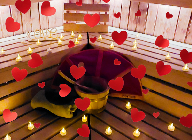 Saunabank mit Teelichtern, Saunaeimer und Wasserk&uuml;bel